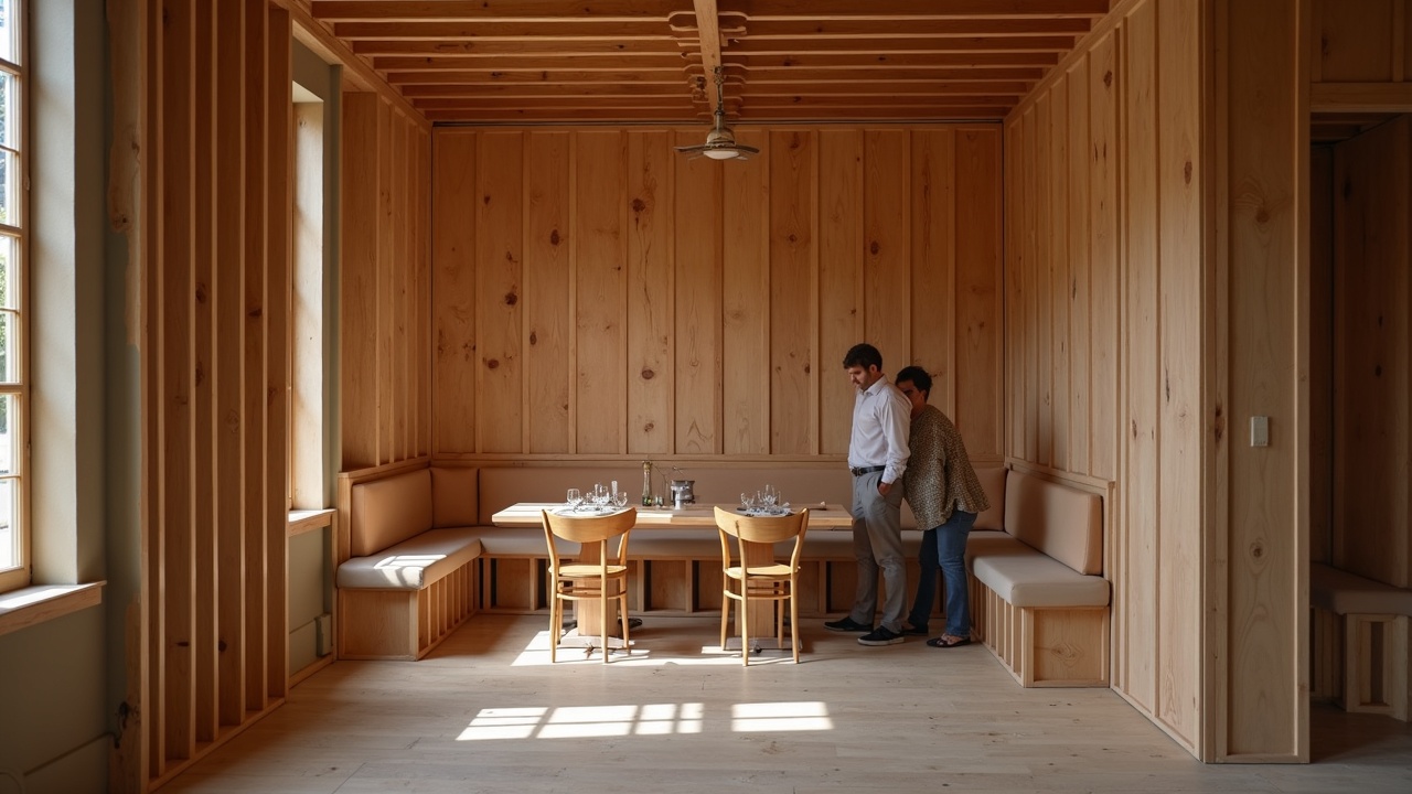 Salle de restaurant haut de gamme — tables dressées, mobilier bois sur mesure, ambiance chaleur