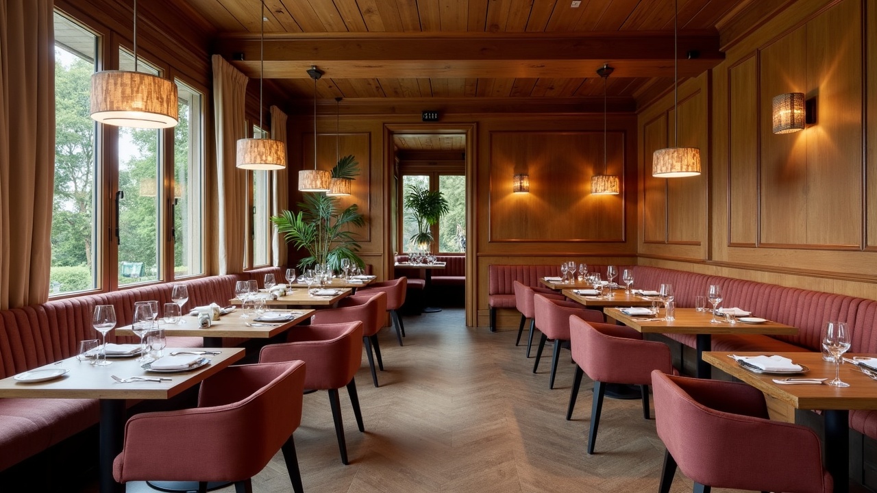 Restaurant gastronomique — salle épurée, mobilier bois massif, éclairage d'accent sur tables dressées