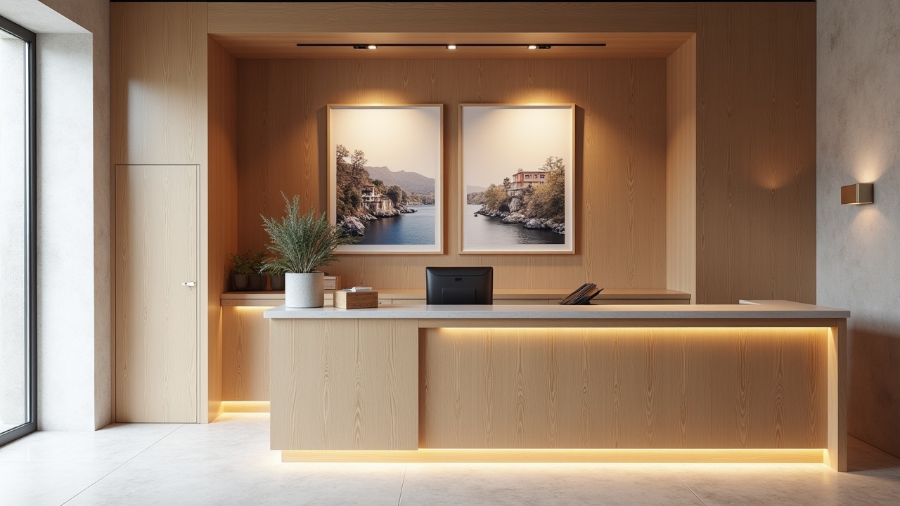 Hall d'accueil d'une agence immobilière haut de gamme avec mobilier sur mesure en bois et métal