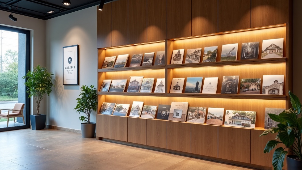 Détail de quincaillerie haut de gamme sur meuble de présentation vitrine agence immobilière — laiton brossé et chêne massif