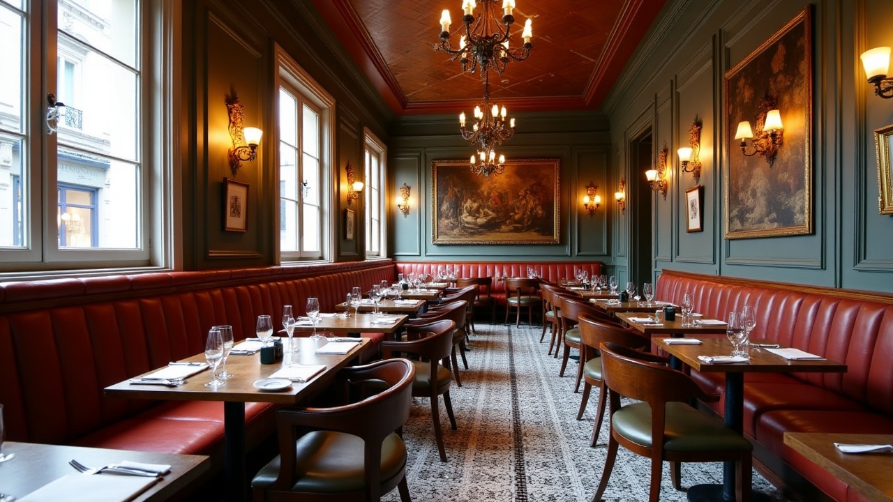 Intérieur de restaurant avec éclairage chaud et tables en bois