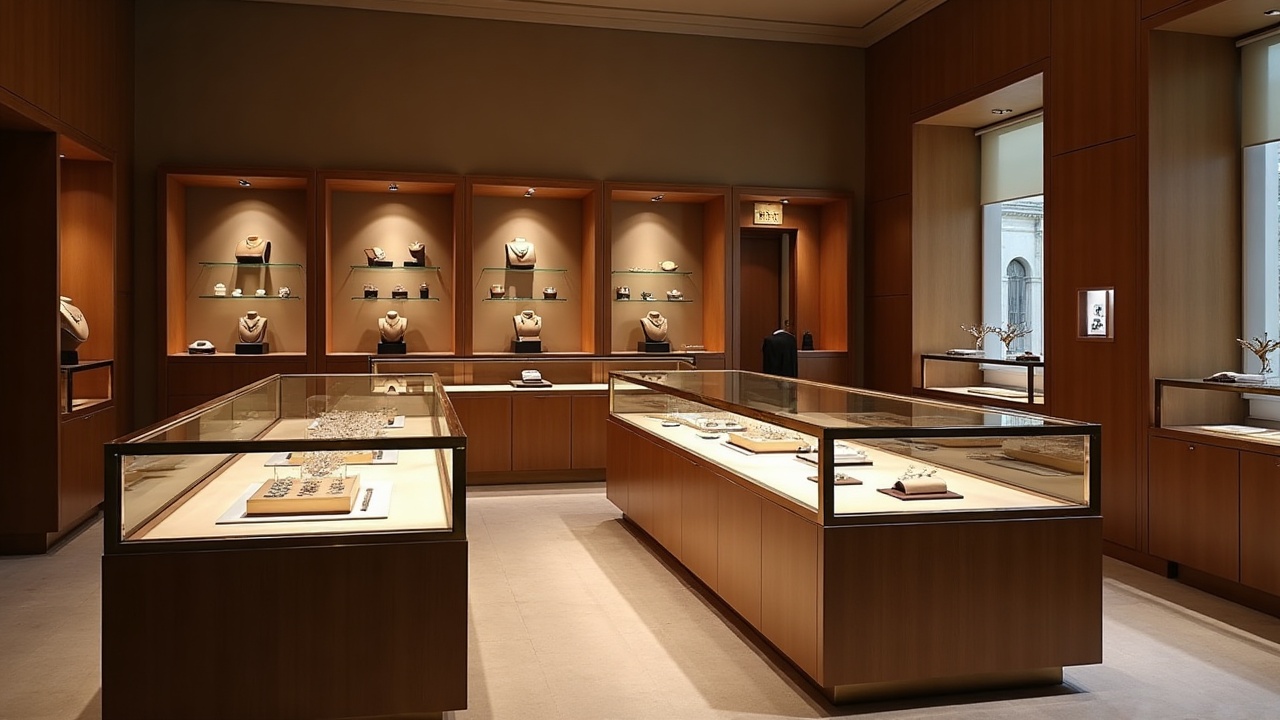 Boutique de commerce haut de gamme avec mobilier en bois sombre et éclairage d'accentuation — référence agencement bijouterie