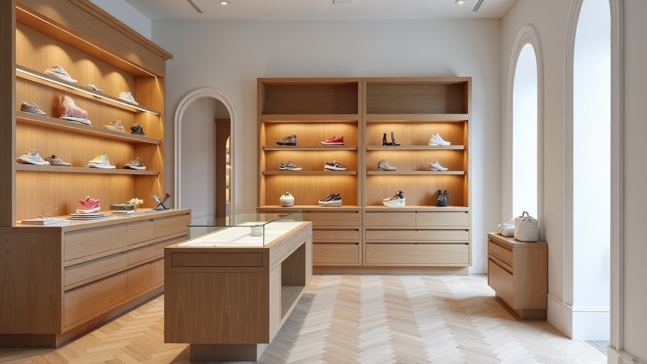 Intérieur de boutique retail haut de gamme — présentoirs, éclairage et parcours client