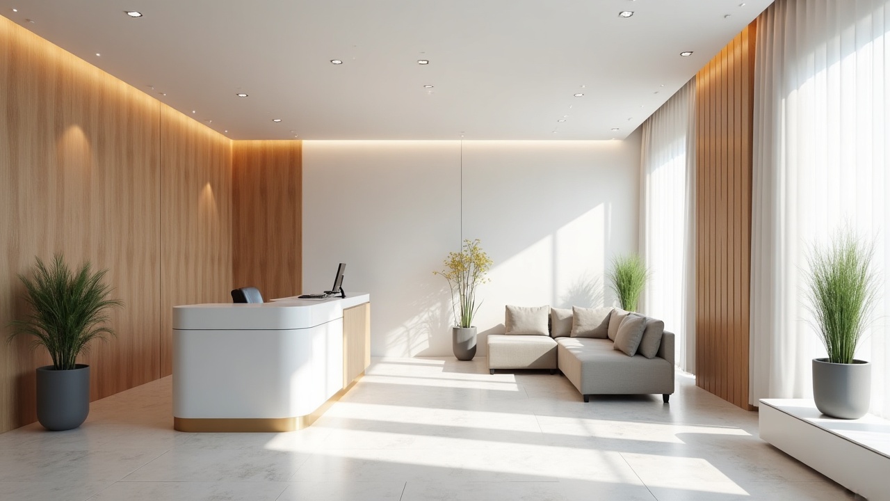 Espace professionnel soigné avec mobilier sur mesure épuré — hall accueil ou cabinet haut de gamme