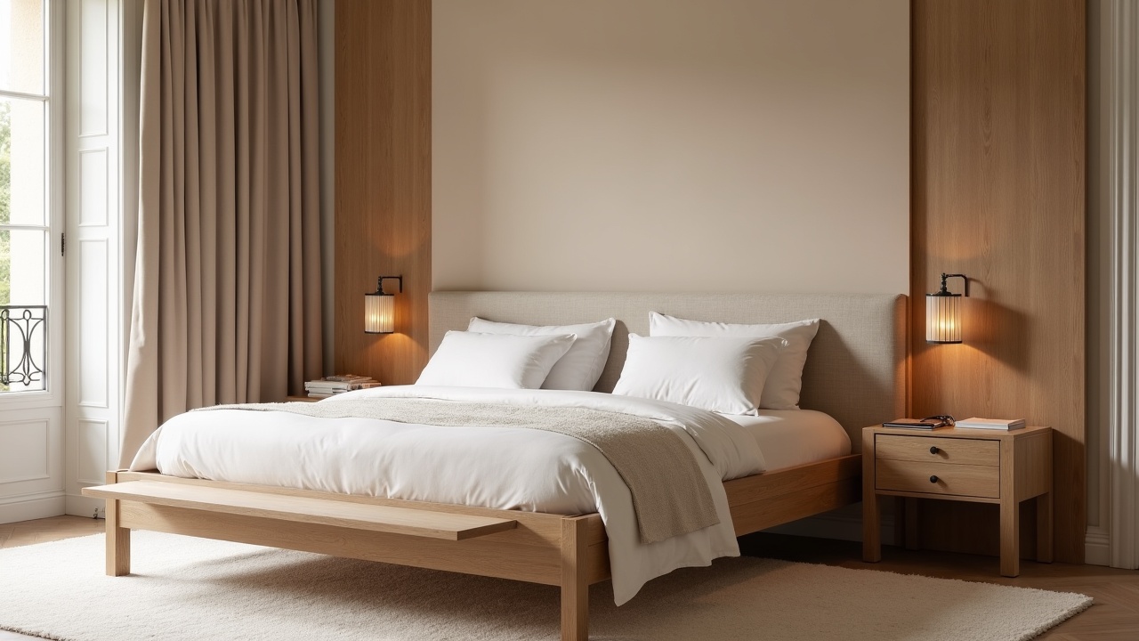 Chambre d'hôtel haut de gamme avec tête de lit pleine hauteur et mobilier sur mesure