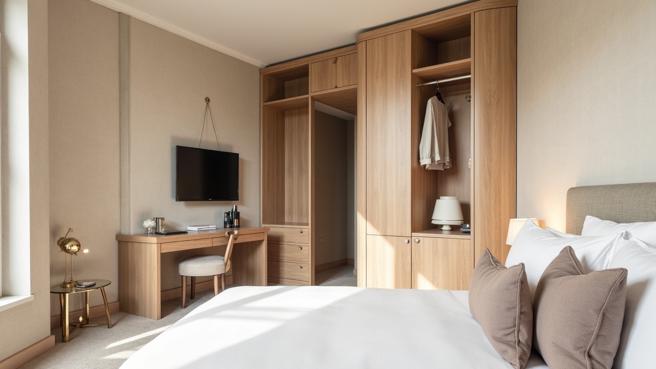 Espace commun d'hôtel boutique avec mobilier sur mesure en noyer et laiton brossé, banque d'accueil signature