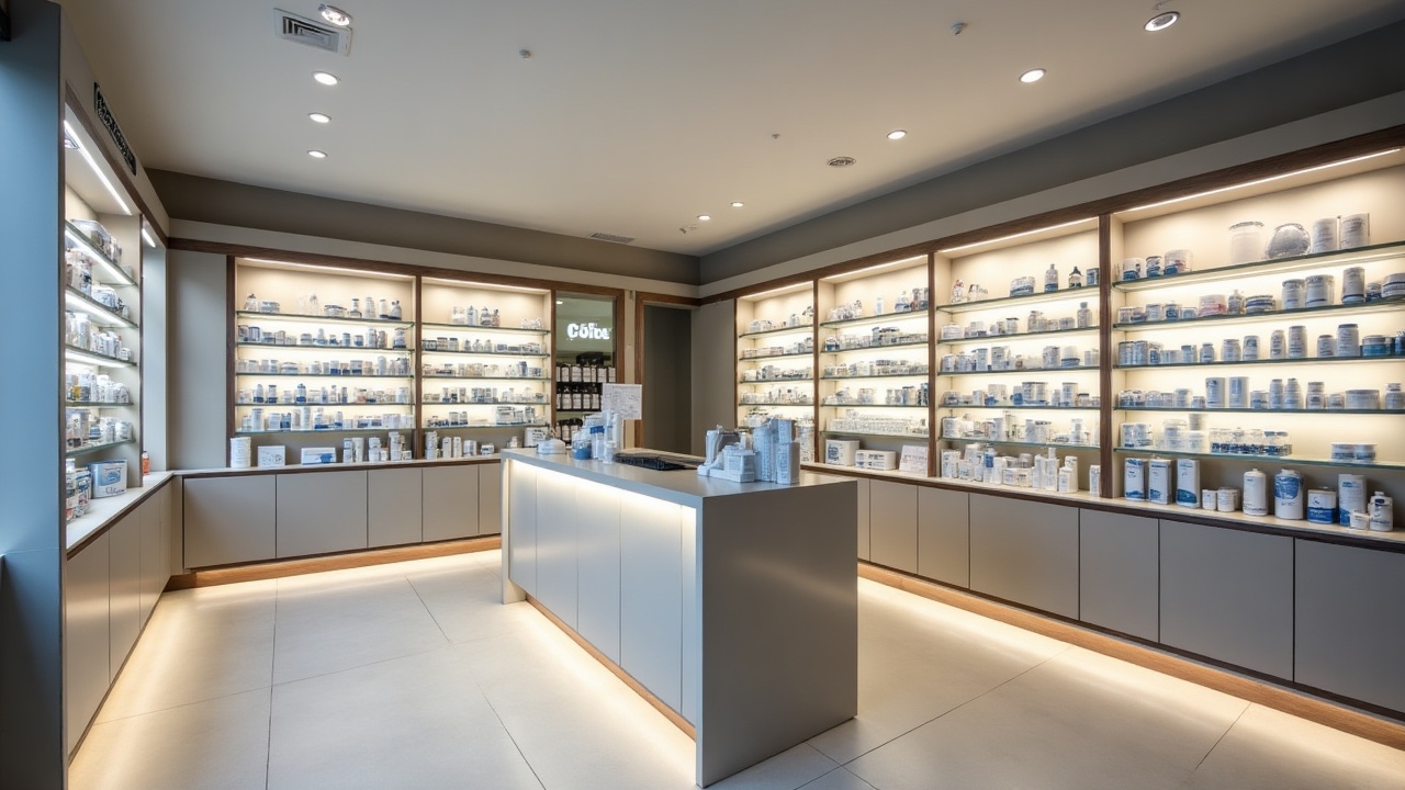 Rayonnage et présentation produits haut de gamme — étagères réglables, éclairage LED de sous-face, signalétique catégorielle