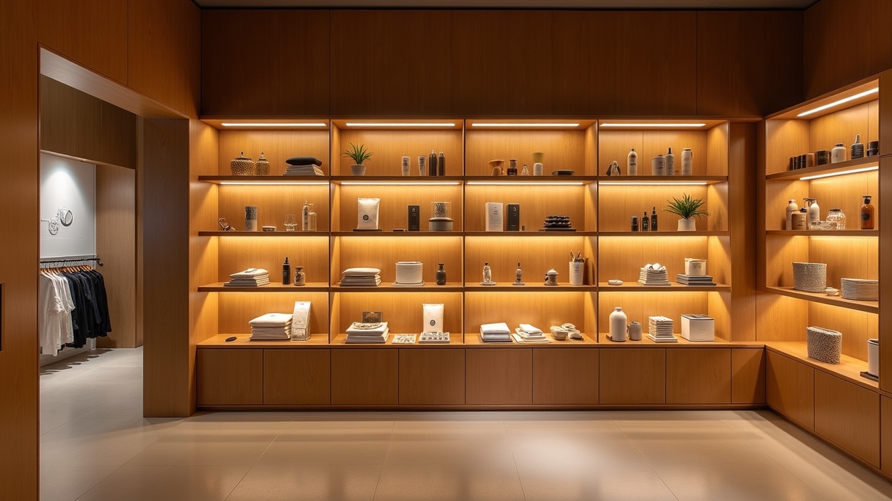 Espace intérieur commercial haut de gamme — mobilier bois, éclairage soigné, matériaux durables