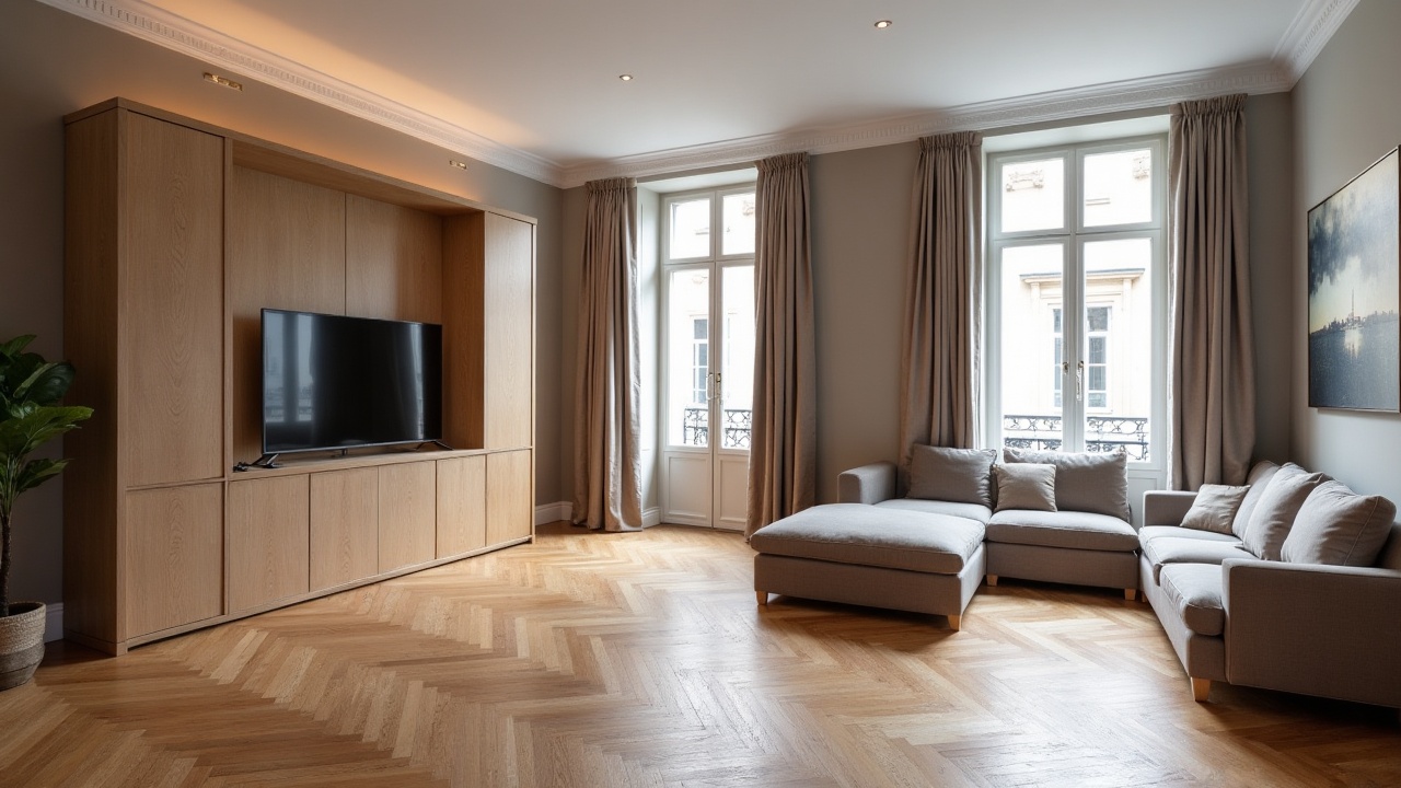 Dressing sur mesure en noyer américain avec portes coulissantes affleurantes dans une chambre haussmannienne