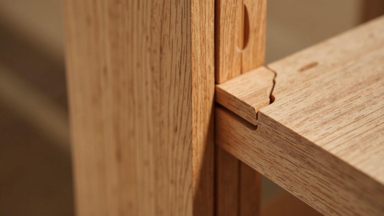 Détail de finition huile dure Rubio Monocoat sur assemblage tenon-mortaise chêne massif visible, bibliothèque sur mesure