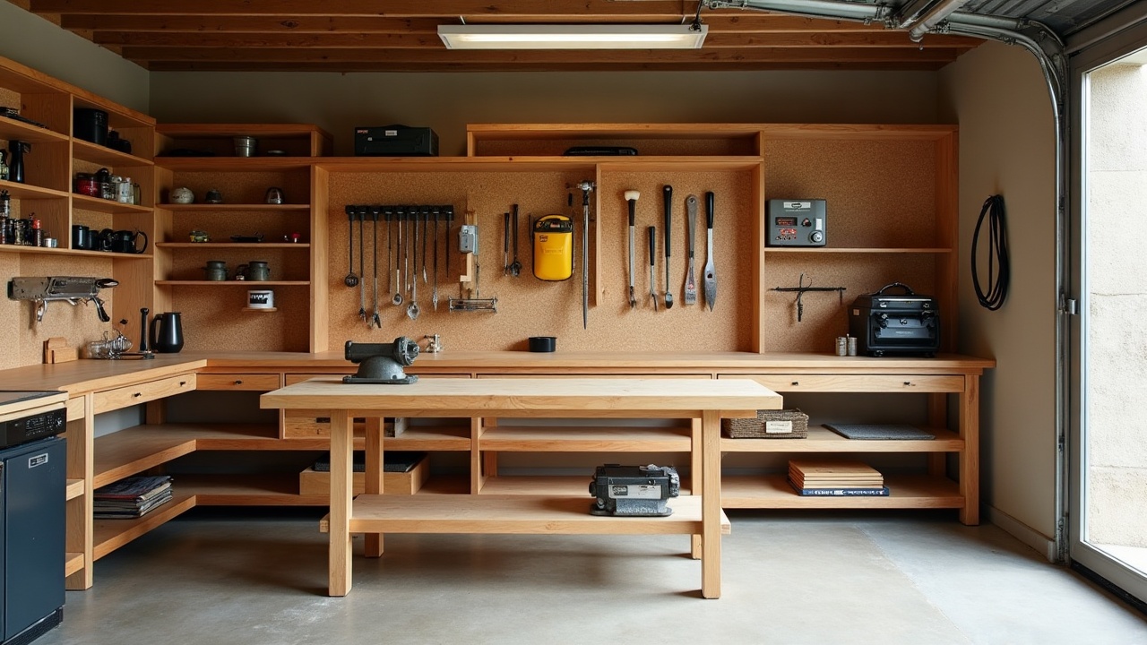Atelier artisanal avec établi en bois massif et rangements sur mesure organisés