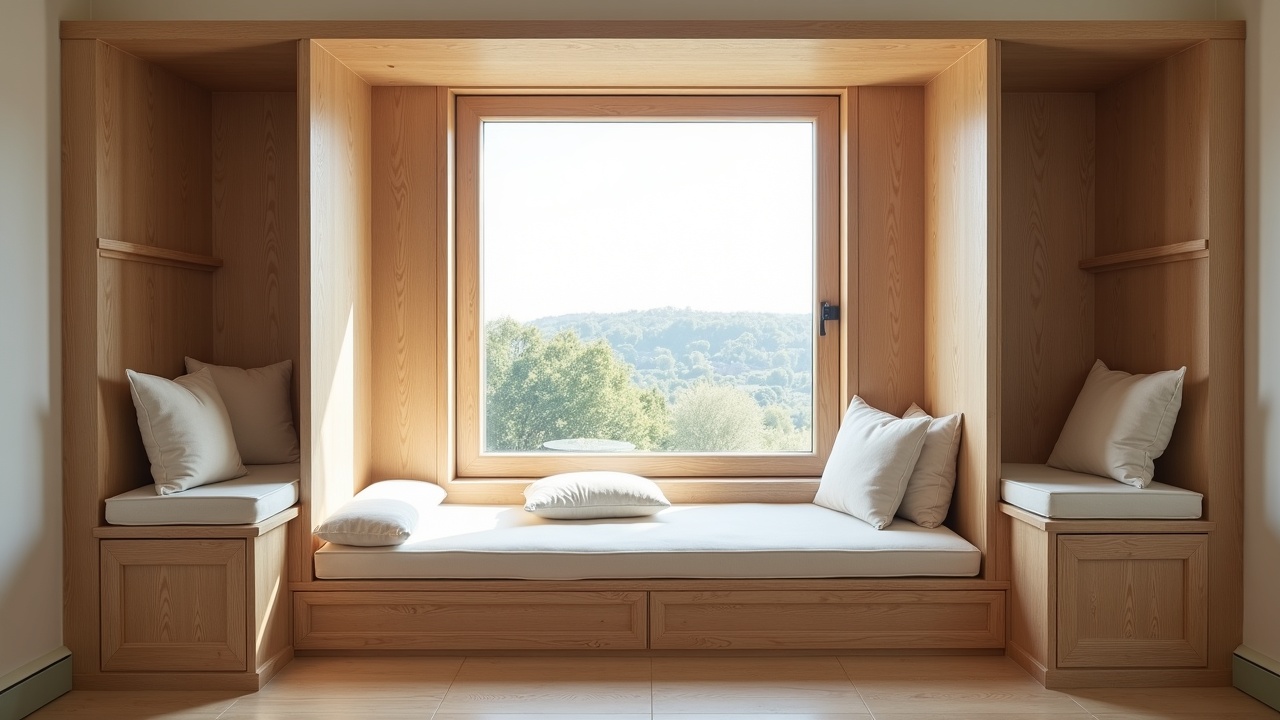 Banquette sur mesure en chêne massif avec assise en tissu, intégrée dans une alcôve d'entrée