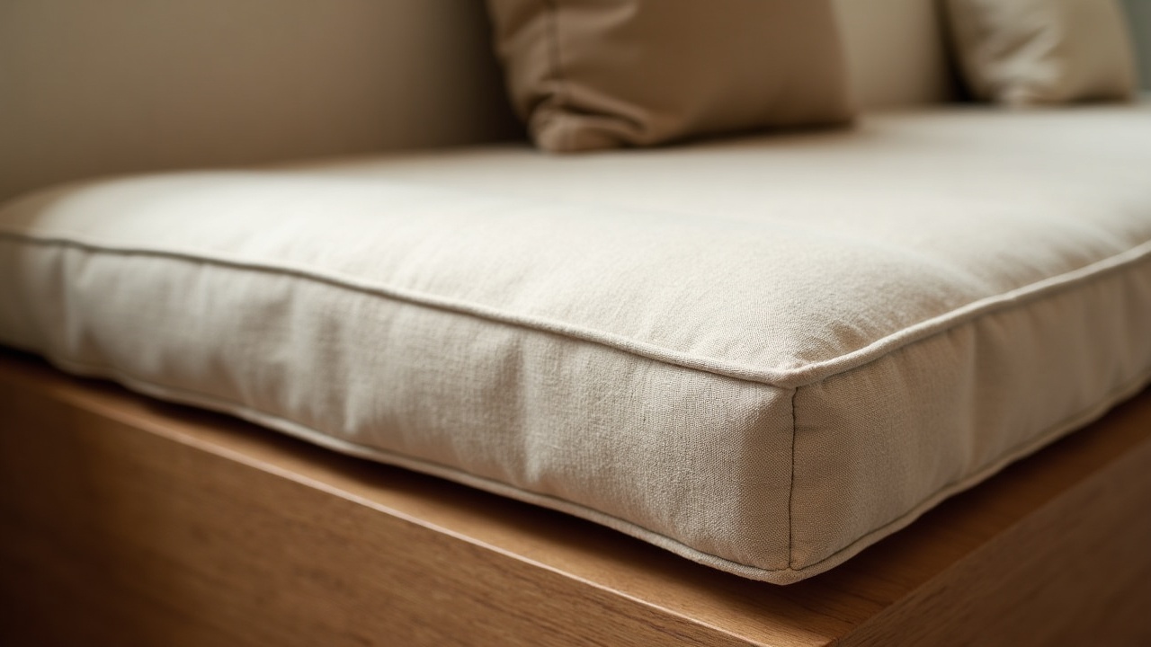 Détail garnissage banquette sur mesure, mousse haute résilience et ouate polyester avant pose du tissu