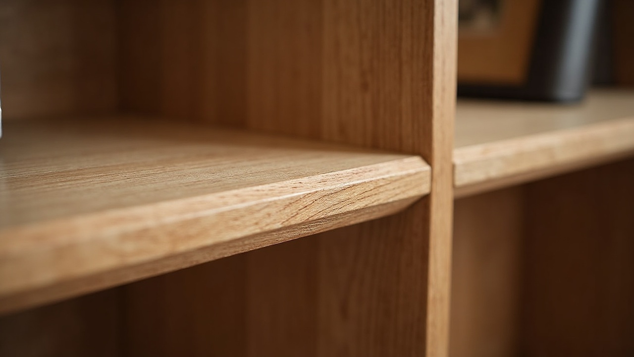 Détail assemblage tenon-mortaise et tablettes réglables sur crémaillère dans une bibliothèque chêne sur mesure