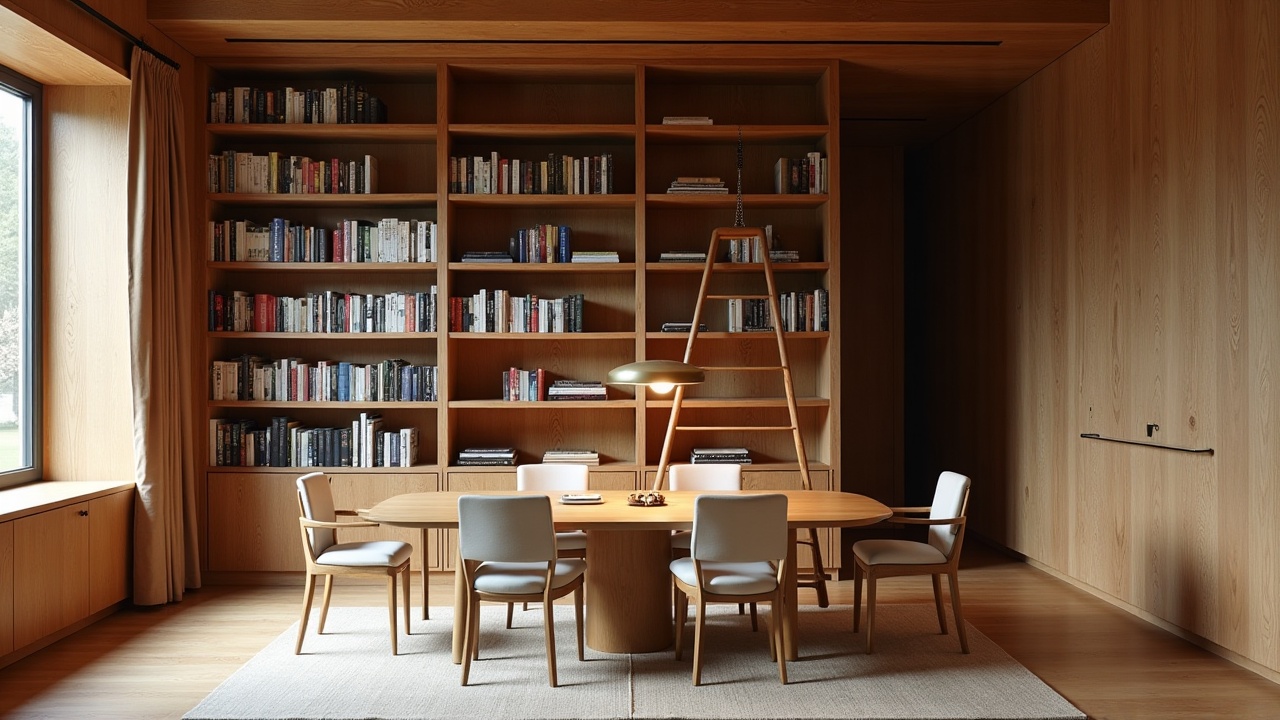 Bibliothèque sol-plafond en chêne massif avec tablettes ajustables et éclairage intégré