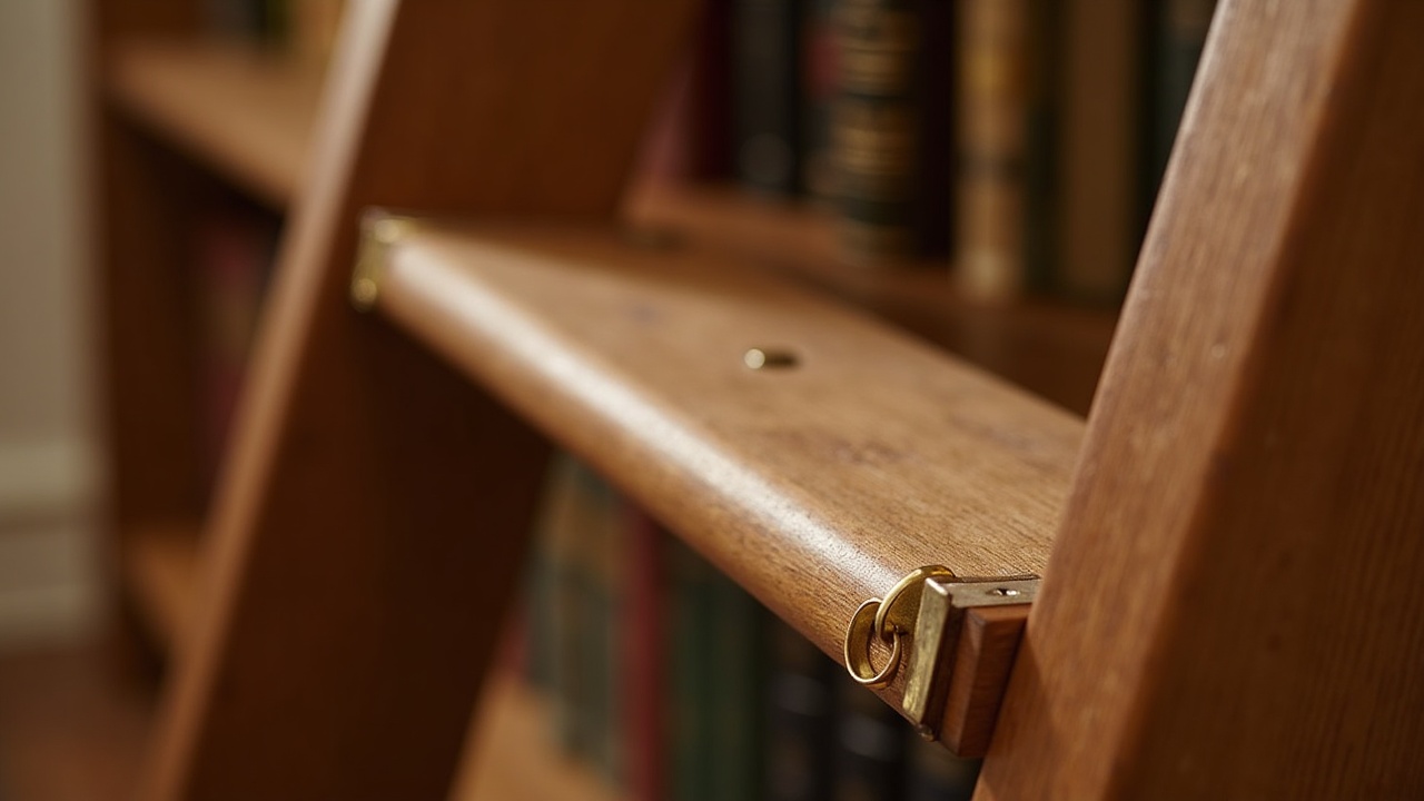Détail de tablettes en chêne massif huilé avec crémaillère laiton sur bibliothèque sol-plafond