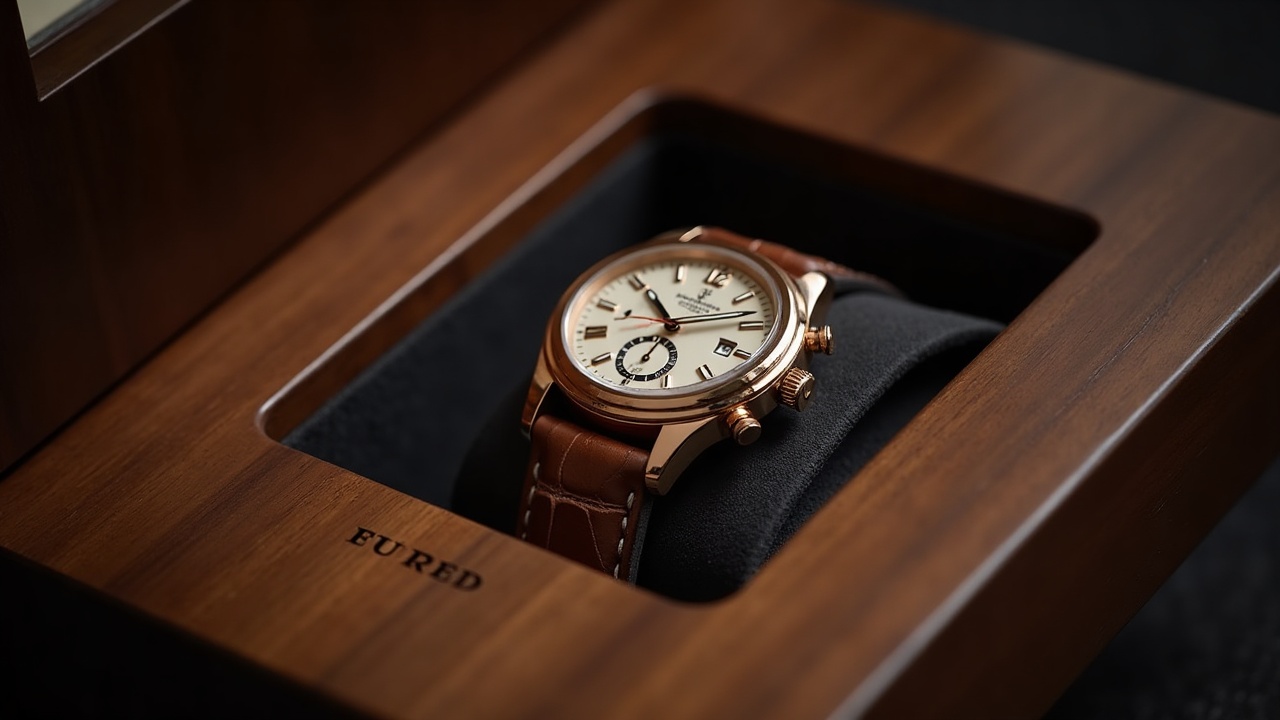 Détail de présentoir horlogerie en noyer massif avec inserts laiton brossé et fond alcantara