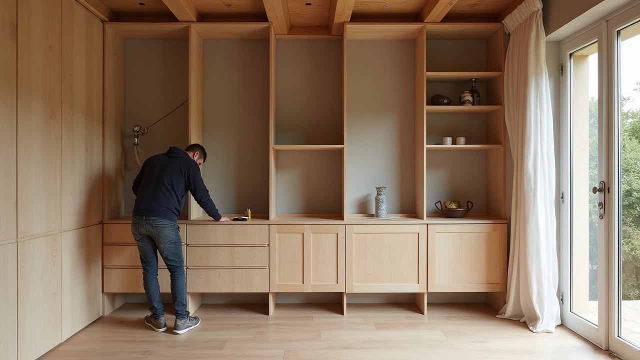Intérieur haut de gamme avec mobilier sur mesure en chêne massif et finitions soignées