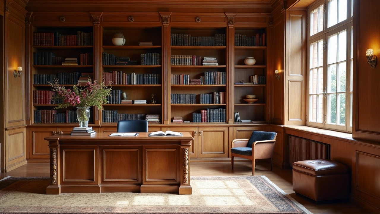 Bureau direction en chêne massif, bibliothèque juridique sol-plafond, cabinet d'avocat haut de gamme