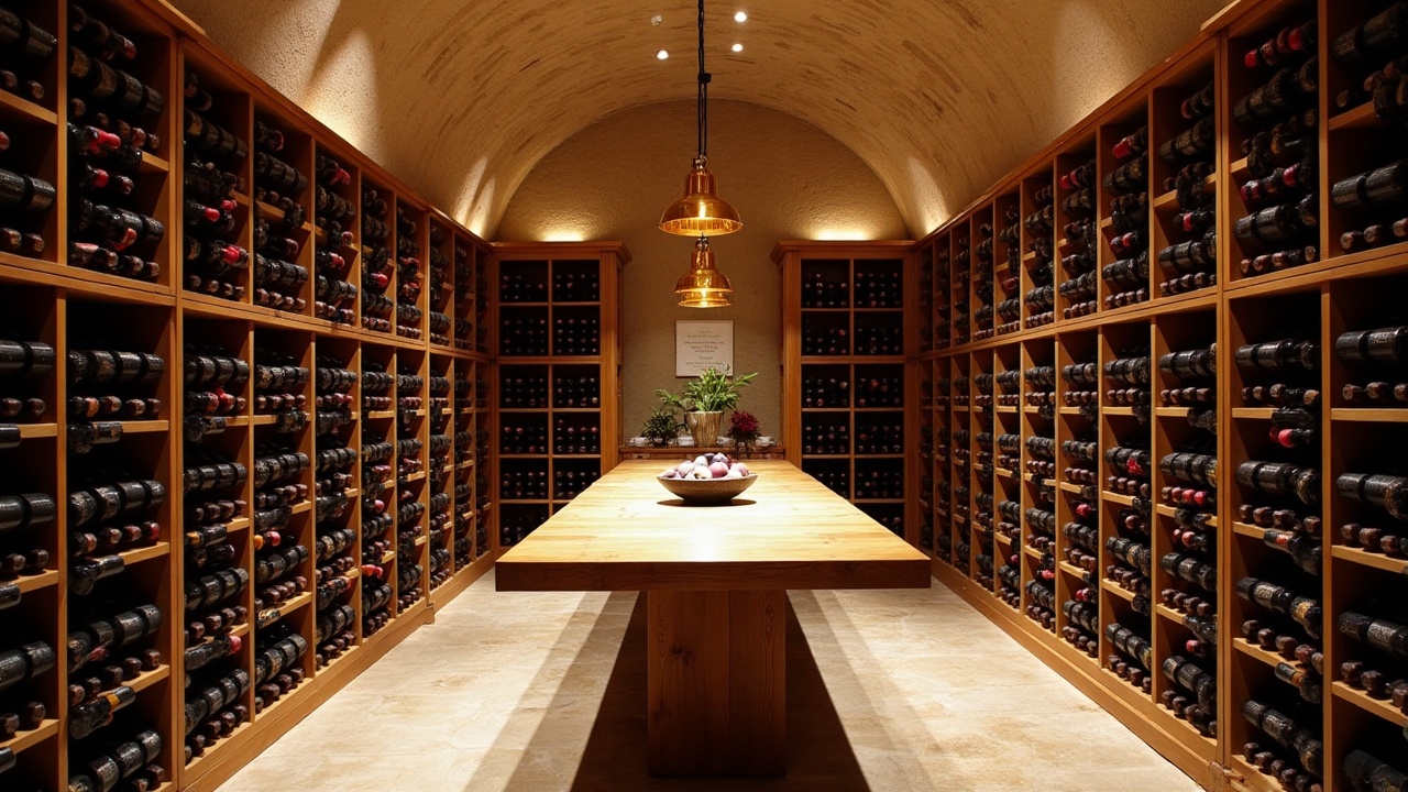 Espace de dégustation intégré à une cave à vin sur mesure avec comptoir en bois massif et éclairage tamisé