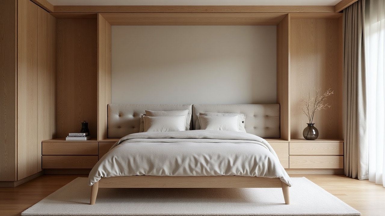 Chambre sur mesure en chêne massif avec tête de lit structurelle et chevets encastrés