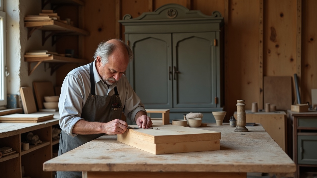 Atelier d'ébénisterie haut de gamme — plan de travail et outils de précision
