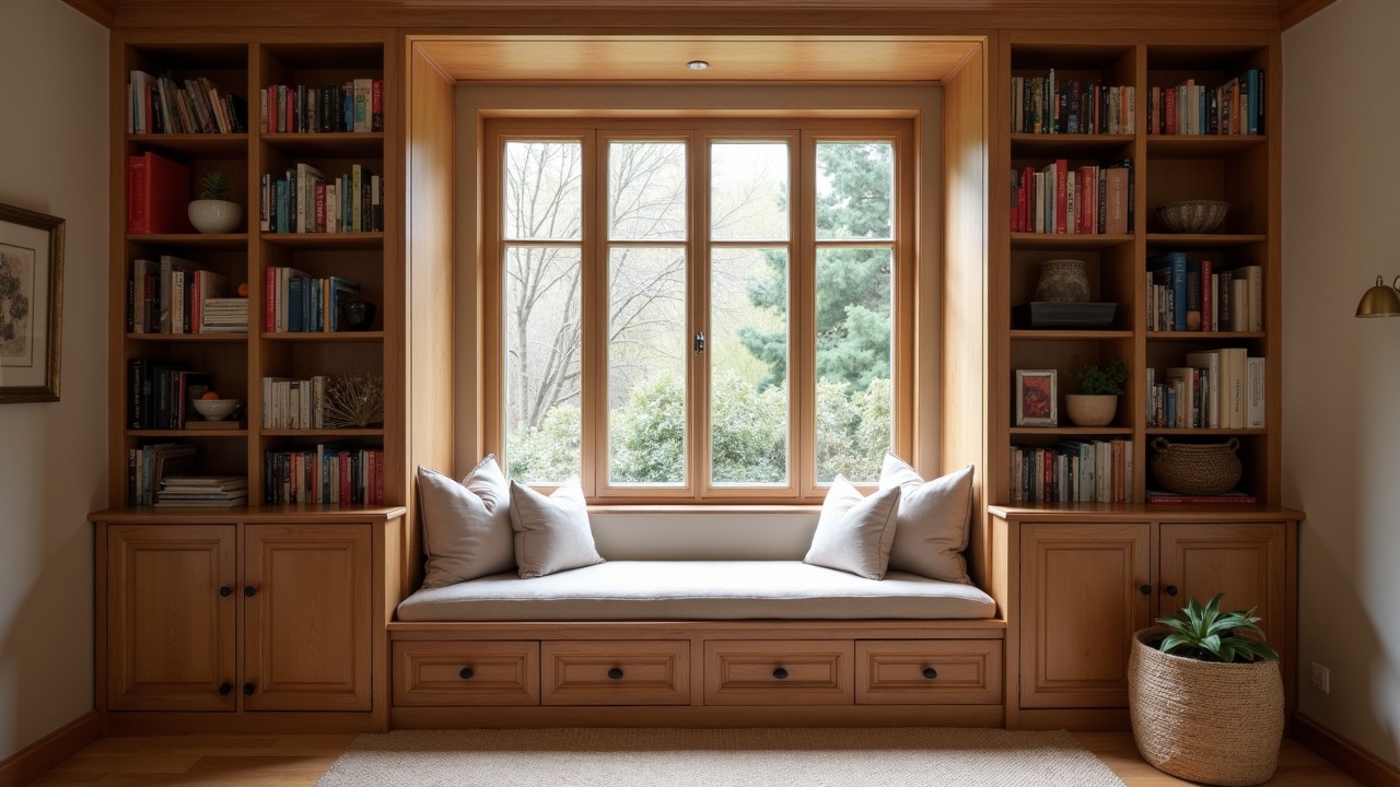 Bibliothèque sur mesure en chêne massif avec banquette intégrée, coin lecture aménagé