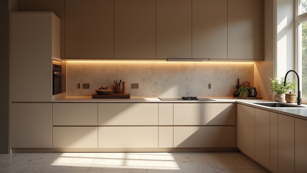 Cuisine ouverte contemporaine avec îlot central lumineux, plans de travail blancs et équipements intégrés