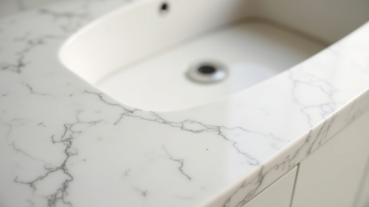 Plan de travail en marbre Calacatta 30 mm avec jonction bois massif chêne, assemblage ébéniste sur mesure
