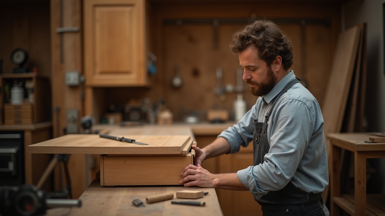 Atelier d'ébénisterie, mise en place de carcasses de mobilier sur mesure avant finition