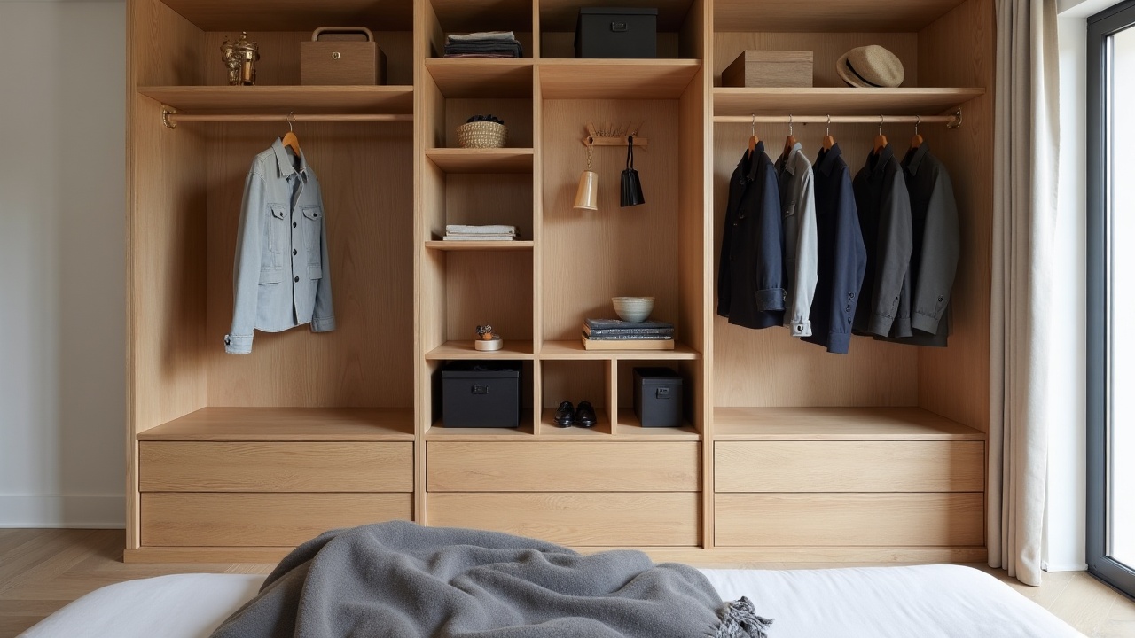 Dressing d'angle sur mesure en chêne massif huilé, penderies traversantes et tiroirs Blum LEGRABOX