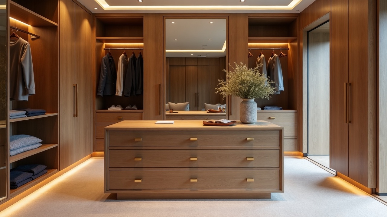 Dressing walk-in luxe avec island central en chêne massif et plateau marbre