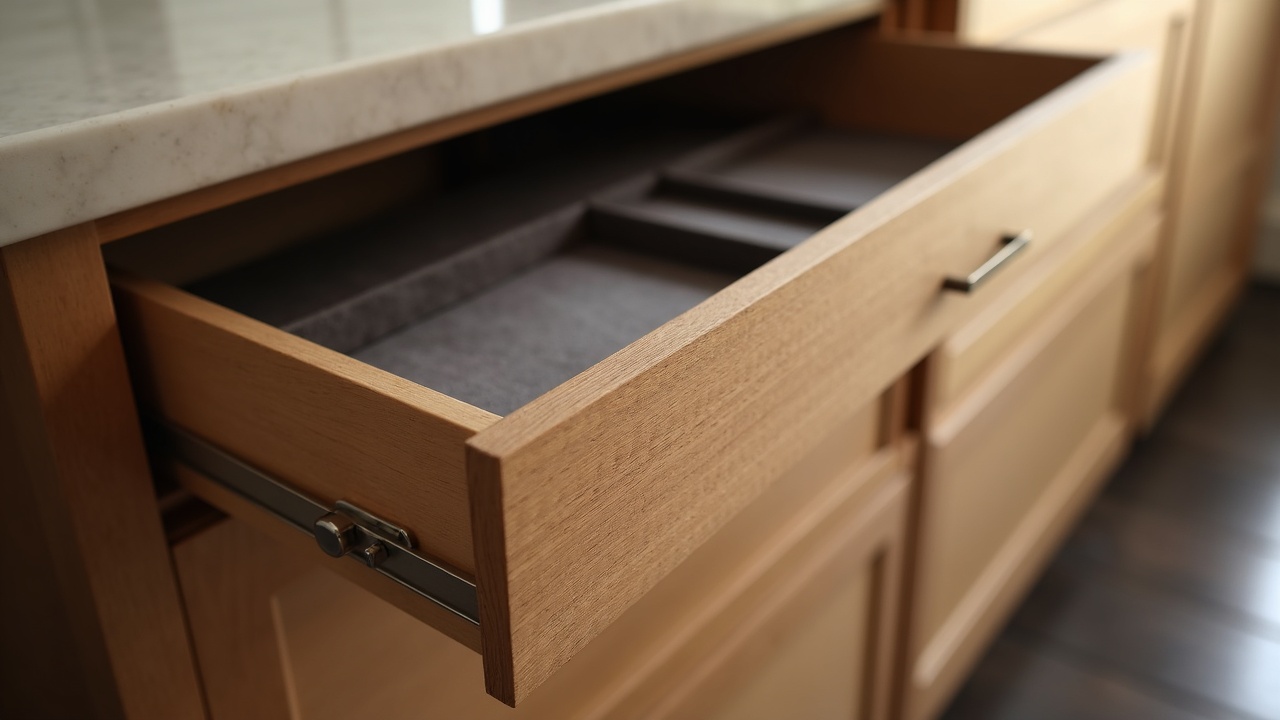 Détail tiroirs island dressing en noyer américain avec coulisses Blum LEGRABOX