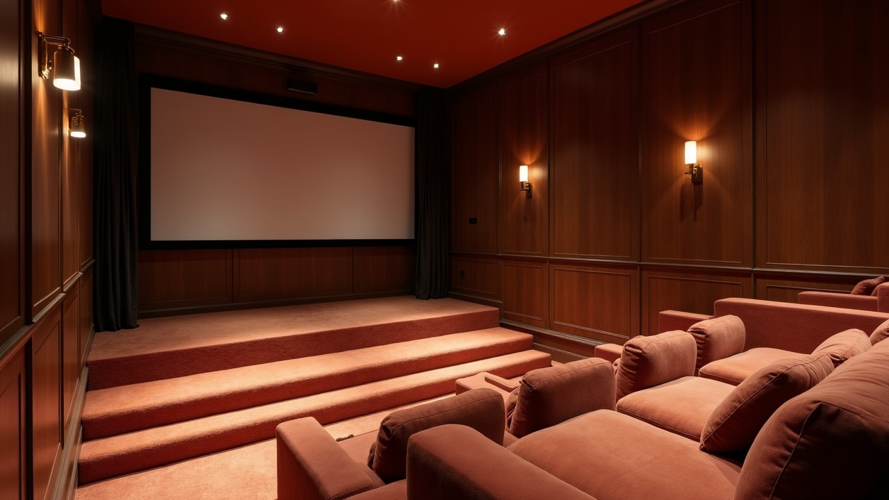 Salle home cinéma sur mesure avec mur meublé en noyer, écran encastré et éclairage indirect