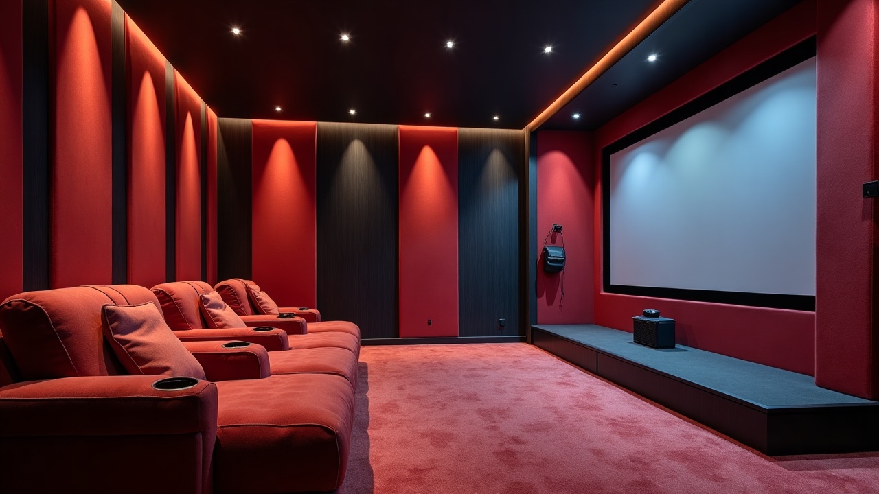 Salle de cinéma privée avec fauteuils et mur d'écran sur mesure, éclairage indirect et habillages acoustiques