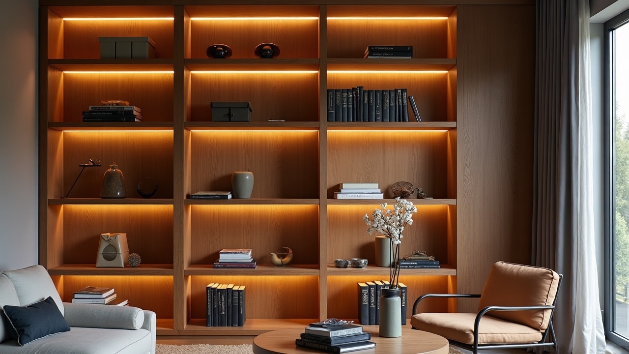Atelier d'ébénisterie avec meubles sur mesure éclairés — profilés LED encastrés dans un mobilier en chêne