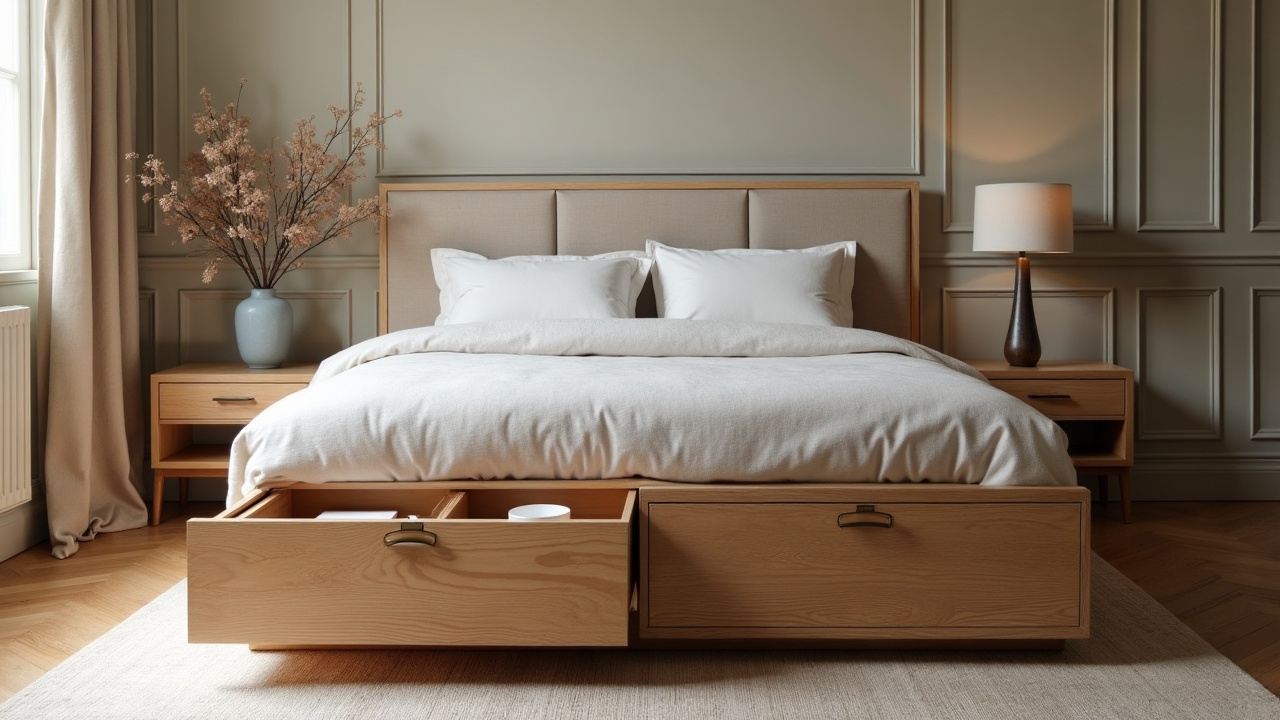 Chambre épurée avec lit haut de gamme sur mesure, tête de lit en bois massif et rangements intégrés