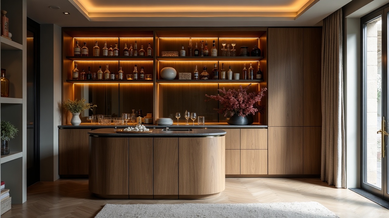 Meuble bar salon sur mesure en noyer et laiton brossé, plan de service en marbre Calacatta