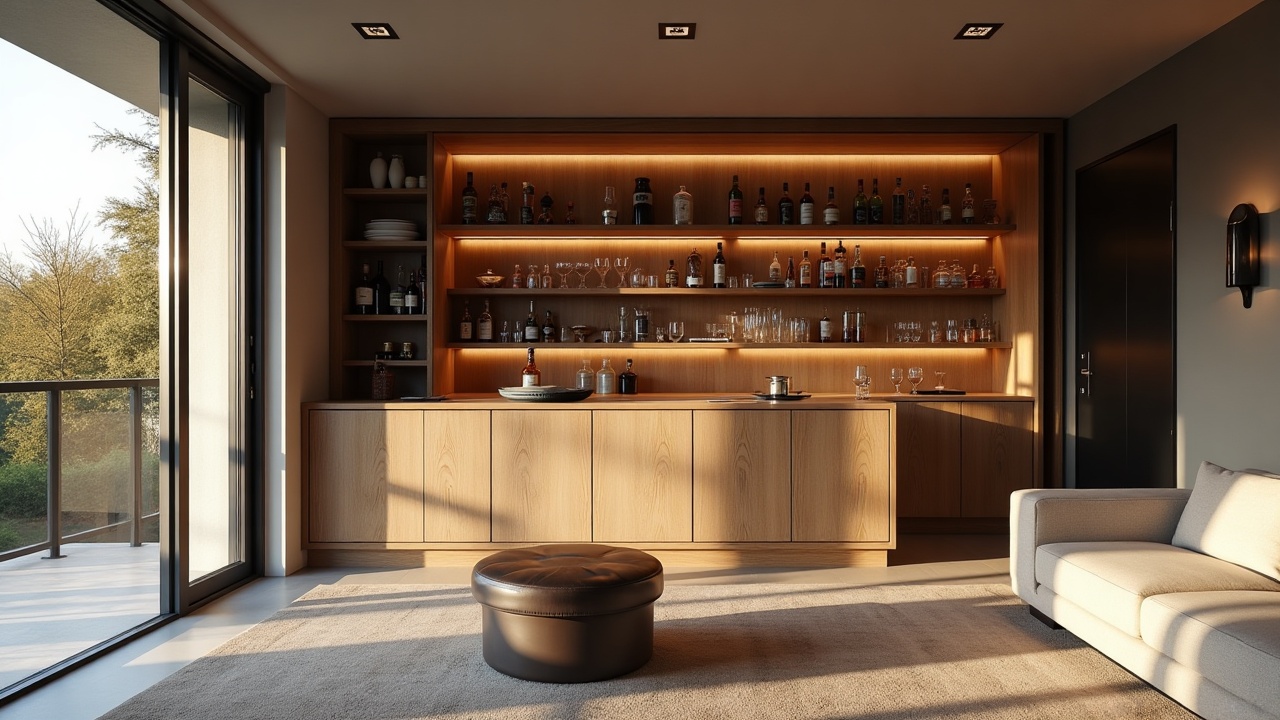 Bar haut de gamme avec éclairage ambiance LED, façades noyer et plan de travail en pierre naturelle