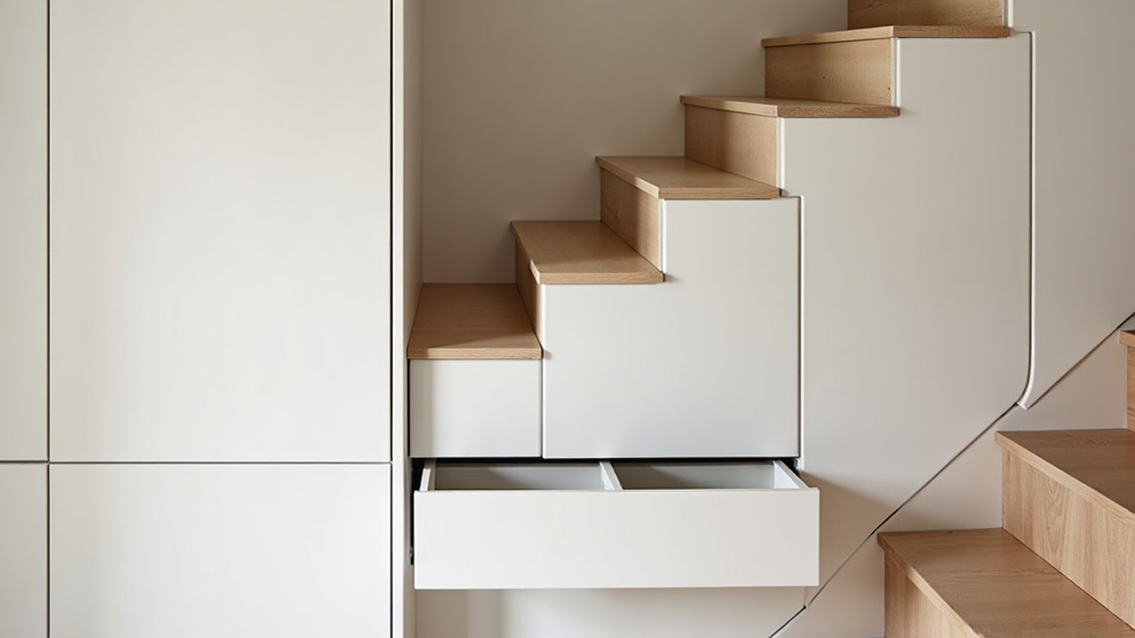 Aménagement sous escalier sur mesure en chêne massif avec tiroirs et niches ouvertes