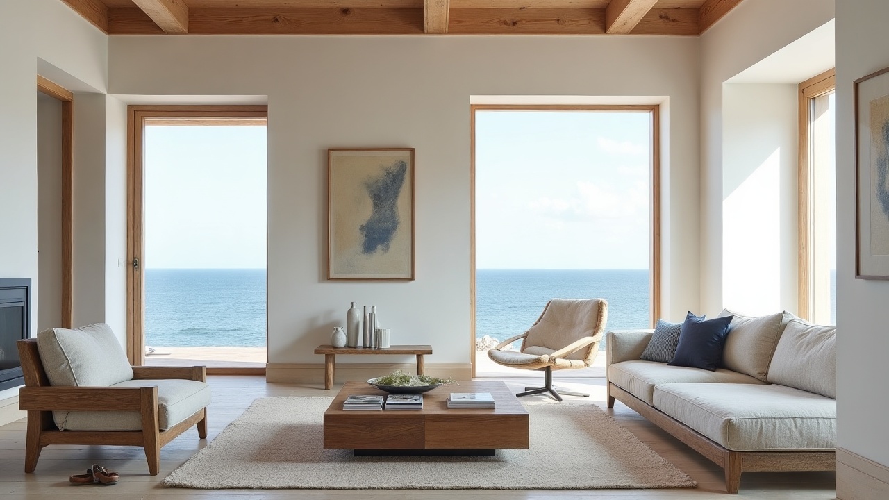 Intérieur épuré d'une résidence secondaire balnéaire avec mobilier en chêne massif sur mesure
