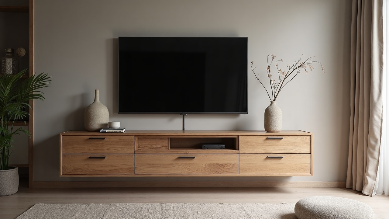 Salon contemporain avec meuble TV intégré mur en chêne massif, niches ouvertes éclairées et façades sans poignée