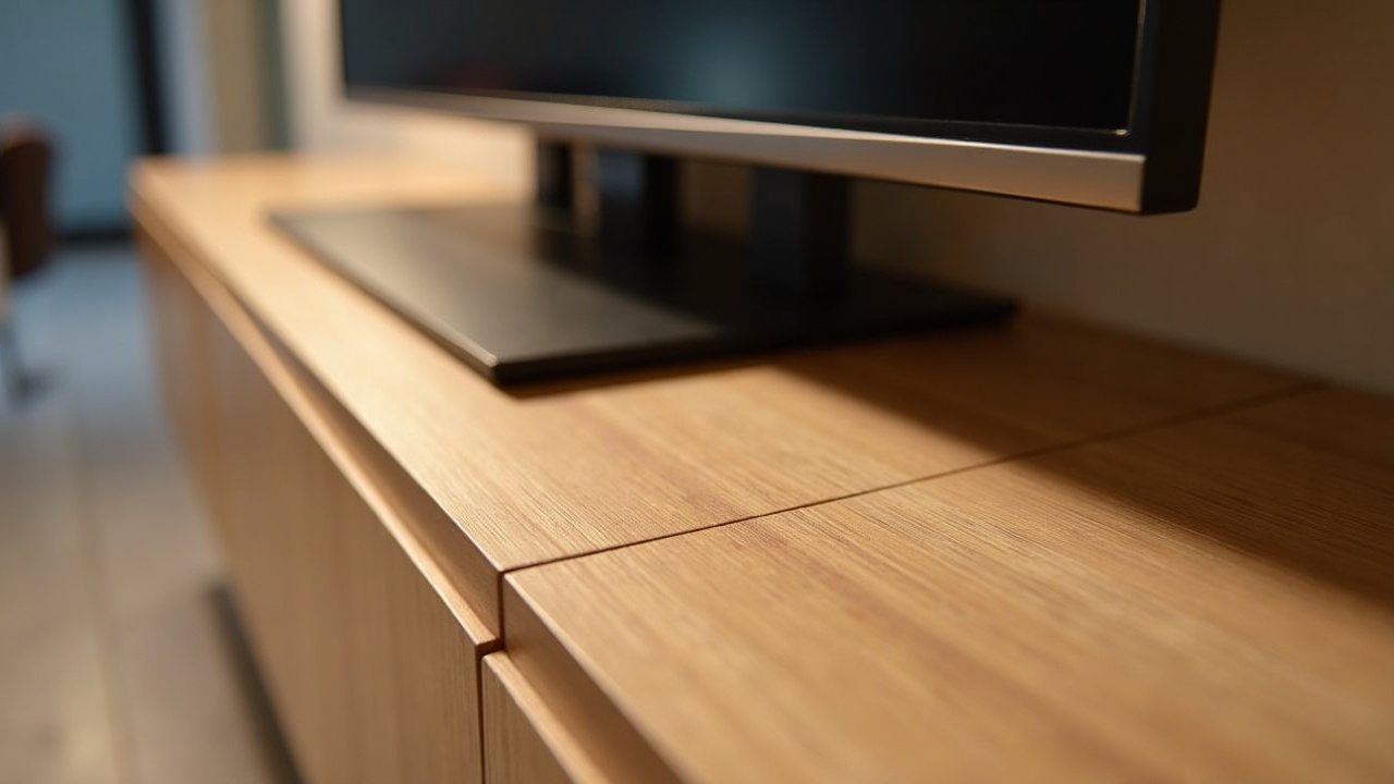 Détail tiroir meuble TV sur mesure avec coulisse Blum LEGRABOX et façade en chêne massif huilé