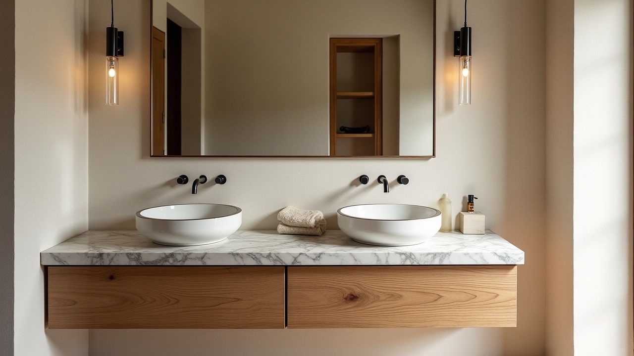Meuble vasque double sur mesure en marbre blanc et bois massif, salle de bain haut de gamme