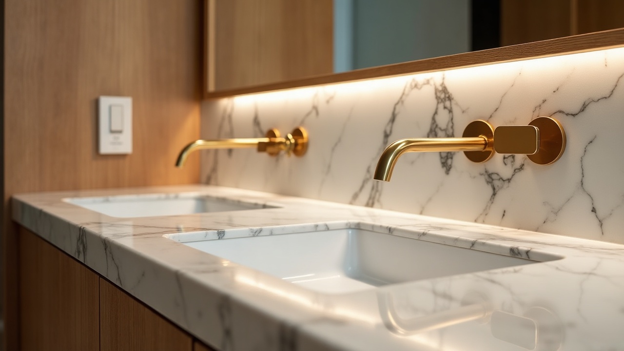 Détail de caisson en chêne massif avec plan en marbre noir, salle de bain sur mesure