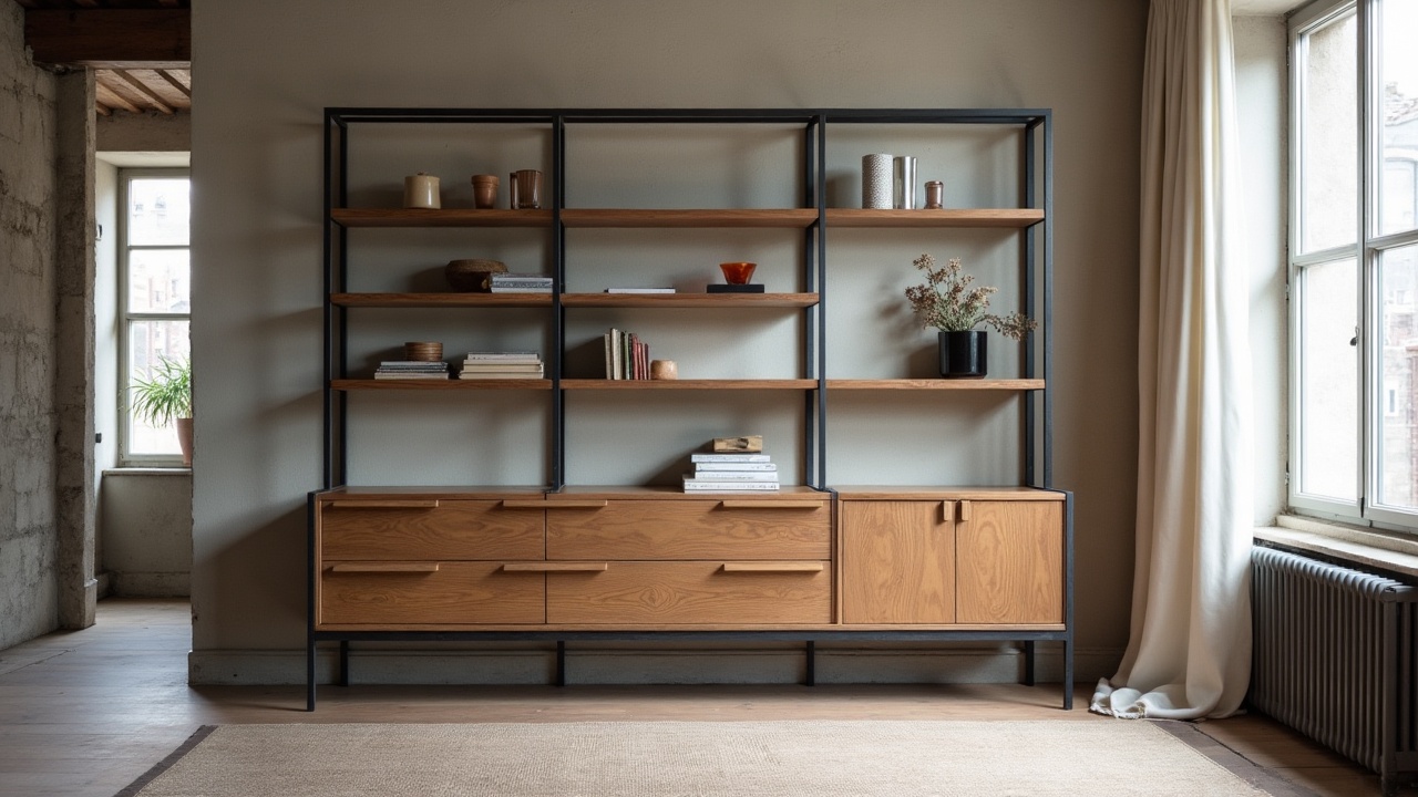 Intérieur haut de gamme associant structure acier noir et bois massif — mobilier sur mesure