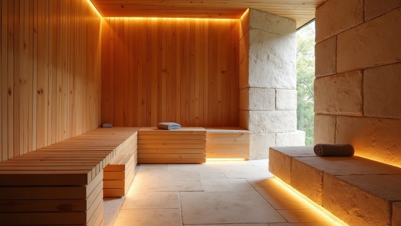 Espace bien-être haut de gamme avec mobilier en bois massif et stone naturelle
