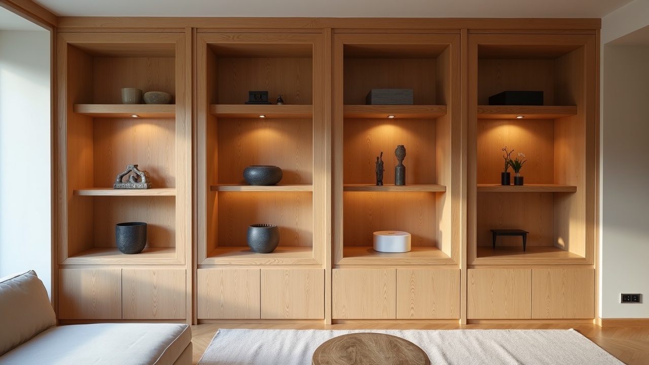 Niche murale sur mesure en chêne massif avec éclairage LED indirect, salon contemporain