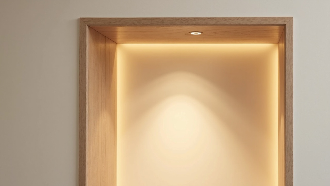 Niche murale en couloir, finition laque satinée blanche avec fond miroir et éclairage LED intégré