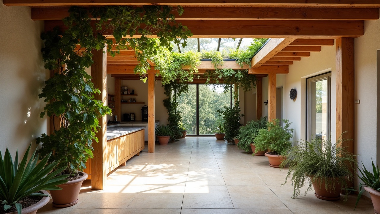 Claustra en tasseaux de bois structurant un espace intérieur ouvert, lumière tamisée